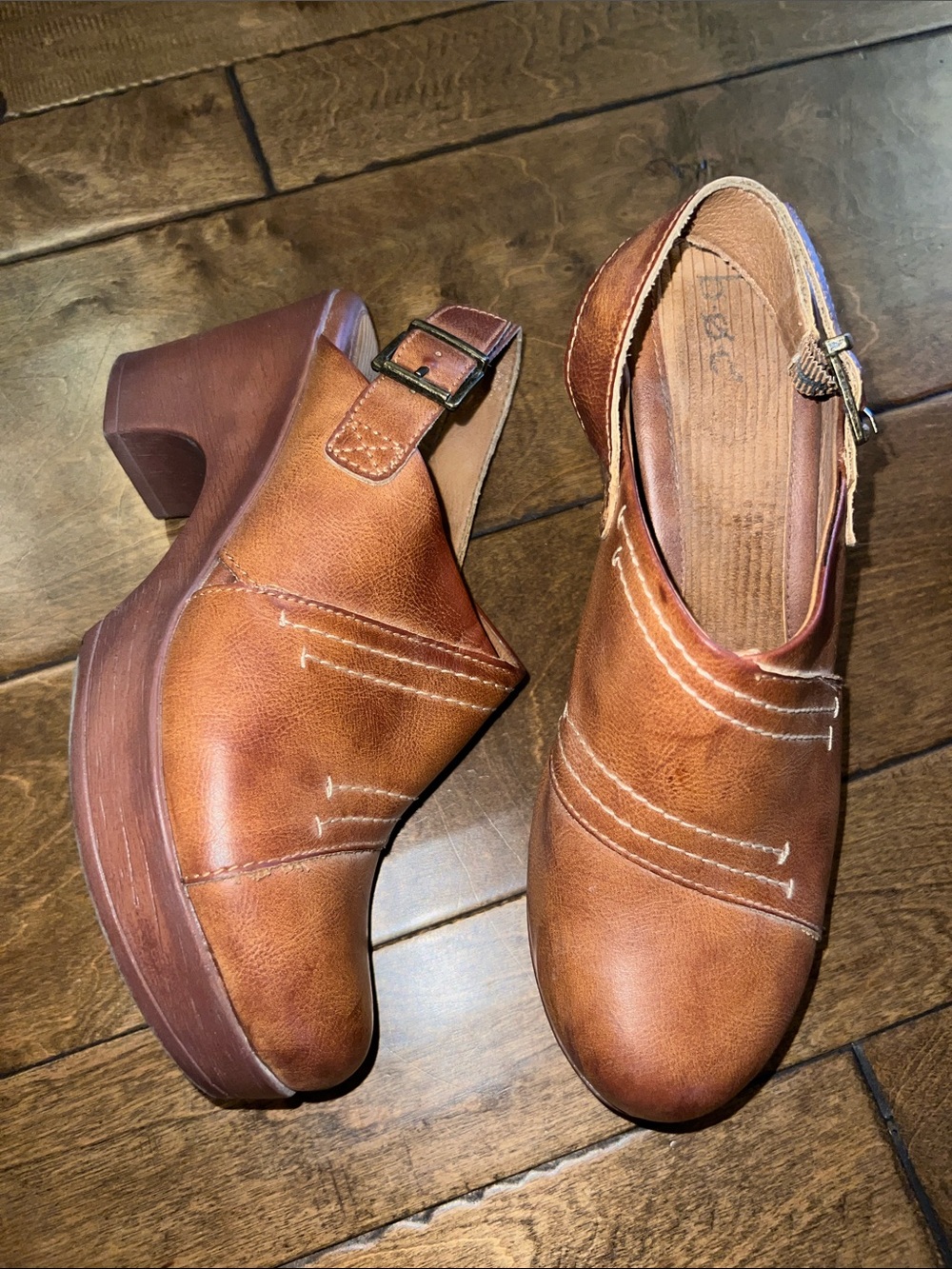 b.o.c. Cognac Brown Leather Slip-On Clogs with Buckle